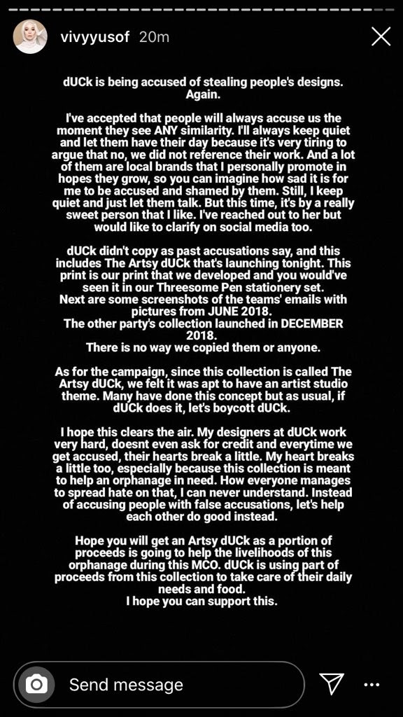 Vivy Yusof’s Intagram story defending herself against plagiarism accusations by Nia. Photo: Instagram @vivyyusof