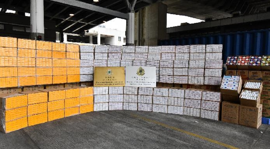 The Great Wall of Cigarettes (ft. a few boxes of face masks and some disinfectant, because 2020). Photo: Hong Kong Customs