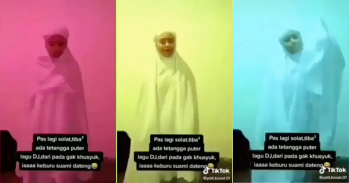 Screenshot of the TikTok video uploaded by 19-year-old Ria Ernawanti ⁠— who donned a mukena (a cloak covering the entirety of a woman’s head and body worn for prayer) ⁠— demonstrated sholat (Islamic prayer) only to stop in the middle of it to dance to the beat of the music in the background.