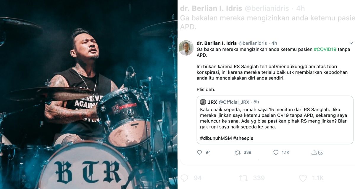 Left: I Gede Ari Astina, or Jerinx. Right: Twitter screengrab of one of Jerinx’s critics. Photos: Facebook and Twitter