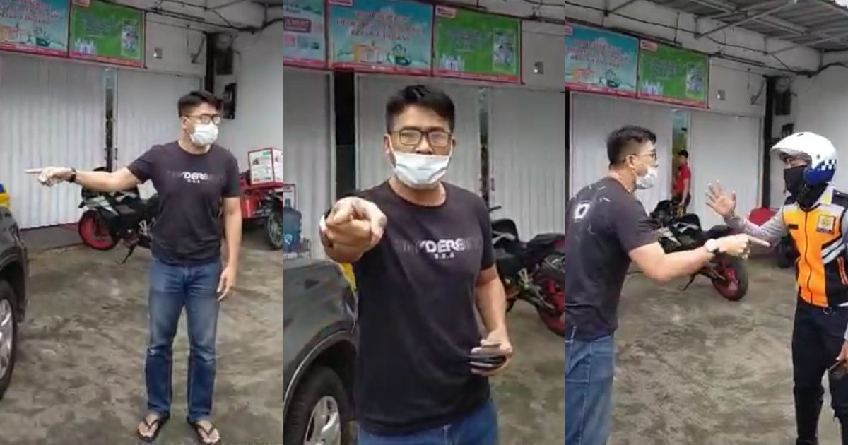 Screenshot of the viral video that shows a man in Bogor, who identified himself as Endang, unleashing his anger and frustration at police officers as he refused to obey a PSBB rule that requires front passenger seats to remain vacant.