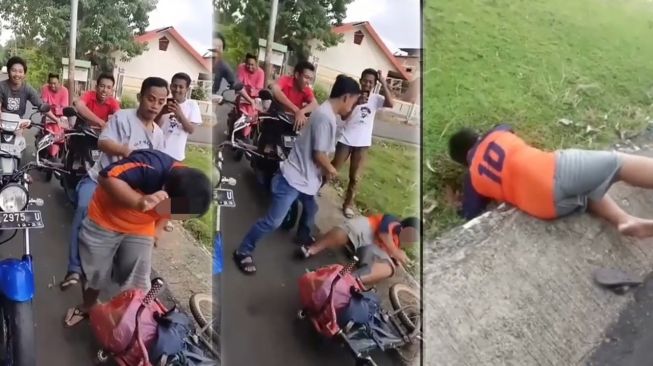 Screenshots from videos showing adults bullying a 12-year-old boy in South Sulawesi, Indonesia. Photo: Facebook