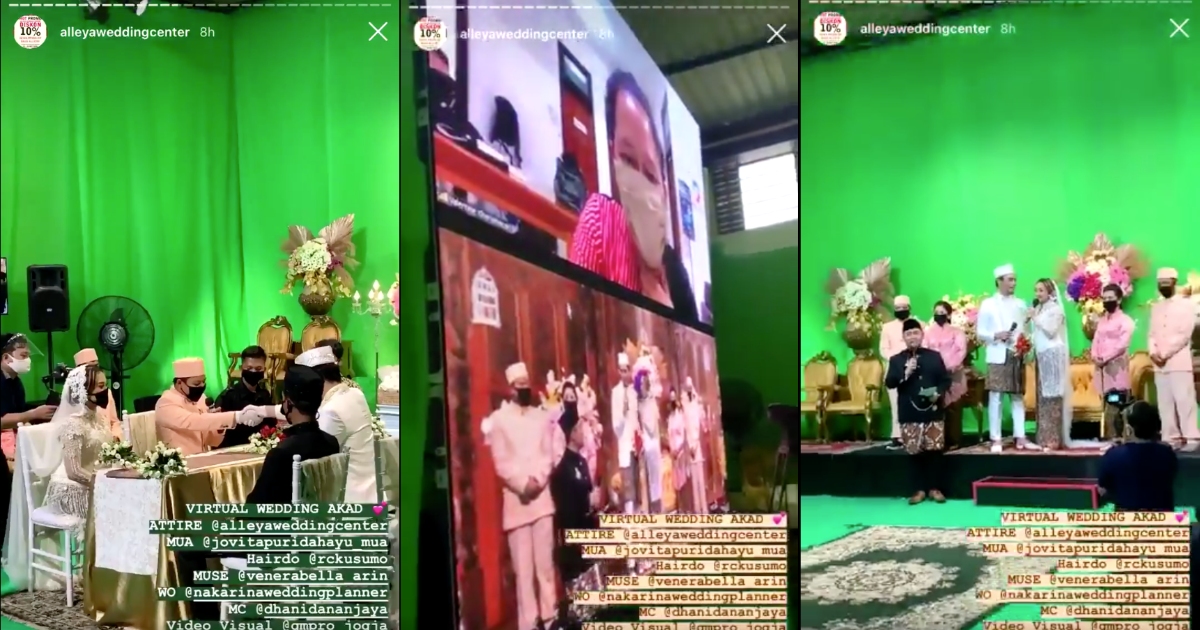 A dummy video of a virtual wedding made by GM Production, a Yogyakarta-based creative agency has recently gone viral in Indonesia. The shoot was conducted inside a studio surrounded by a green screen. Screenshots from Instagram/@alleyaweddingcenter