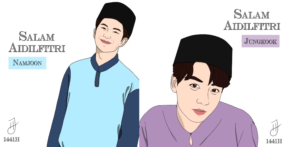 Twitter user @hajirajalil illustrated BTS members RM and Jungkook in raya attire. Photo: Twitter @hajirajalil