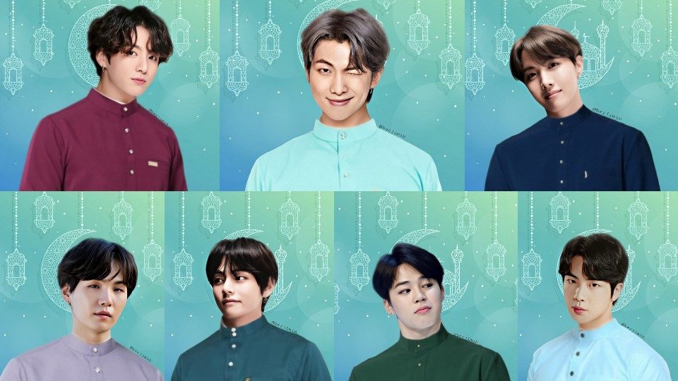 BTS ARMY Photoshopped the 7 members (top from left: Jungkook, RM, J-hope and bottom from left: SUGA, V, Jimin, Jin) to look like they’re wearing baju Melayu. Photo: Twitter / @berjimin