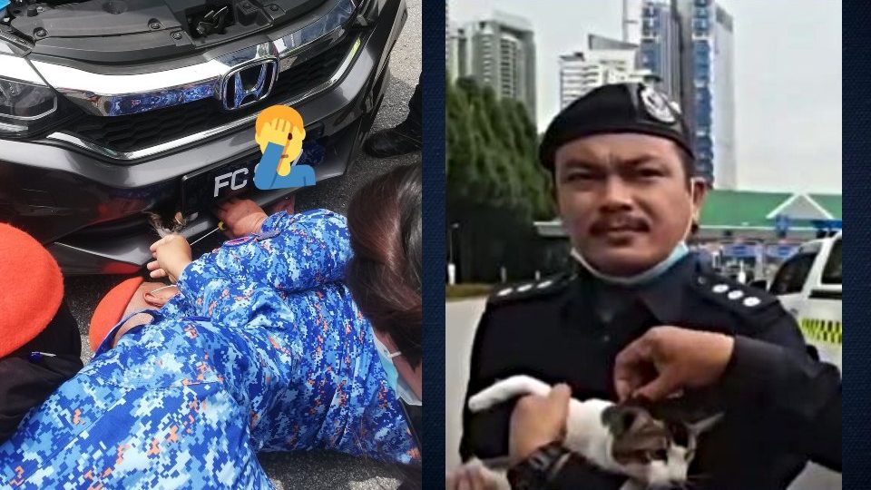 Officers rescue a cat trapped underneath a car (left); a police officer holds the rescued cat. Photo: Twitter / Ahmad Faiz, Mohd Redzuan Abdul Manap
