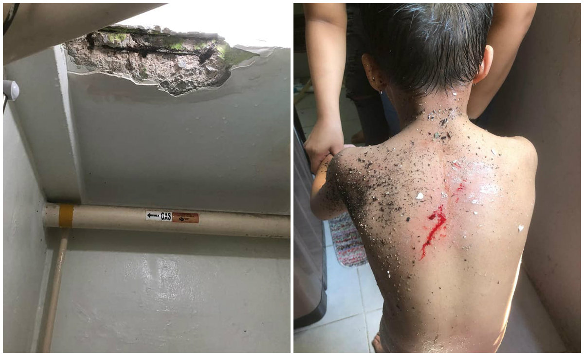 Photos show damaged ceiling (left) and blood on boy’s body. Photos: Nursyafiqah Safawi/Facebook