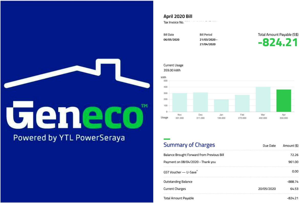 At left, the electricity retailer’s logo. Screenshot of Lee’s bill for the month of April at right. Images: Geneco, Lee Jian Fa/Facebook
