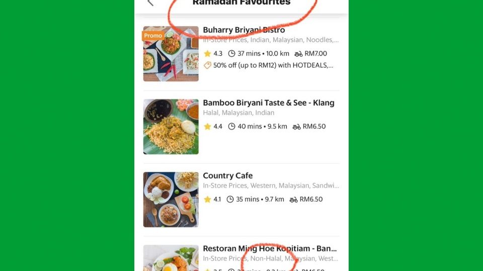 Twitter user @marclourdes pointing out that Grab Malaysia added a ‘non-halal’ option to its Ramadan Favorites menu. Photo: Twitter @marclourdes