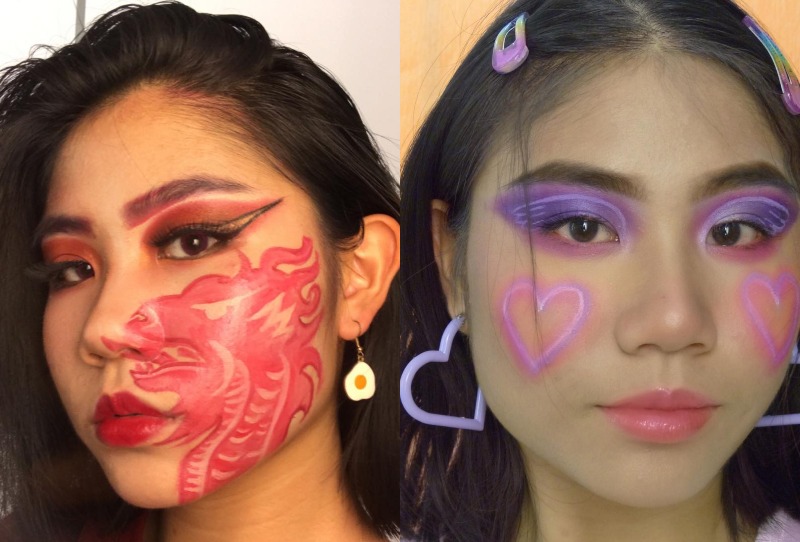 Lee paints a dragon motif on her face (left) and decorates her cheeks with neon purple hearts (right). Photos: Lee Ming Hui / Instagram