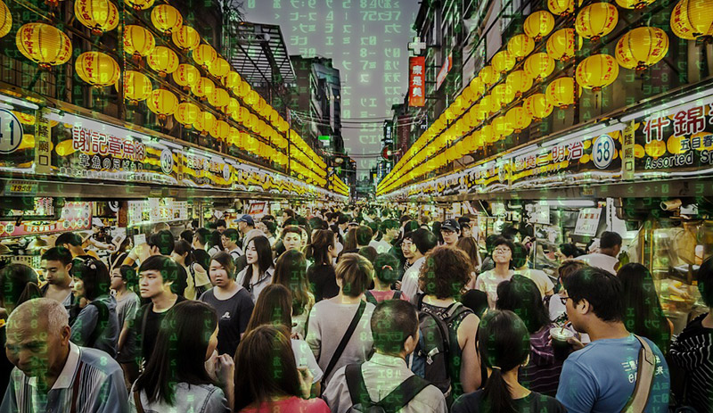 Matrixified file art of a night market in Taiwan.
