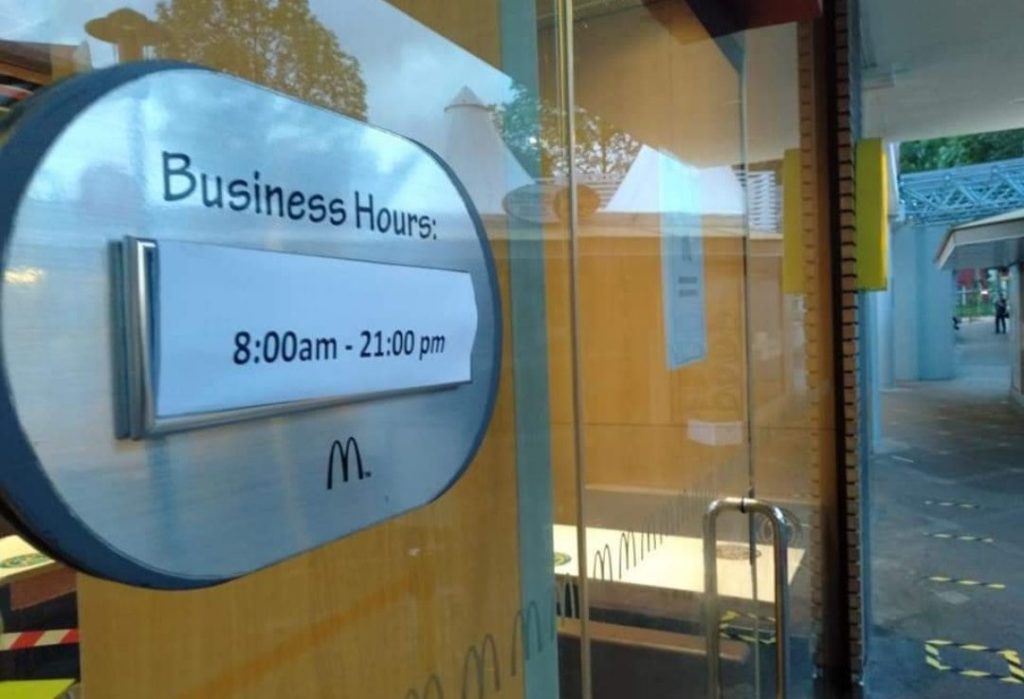 McDonald’s outlets to open until 9pm for now. Photo: Legit Singapore/Facebook