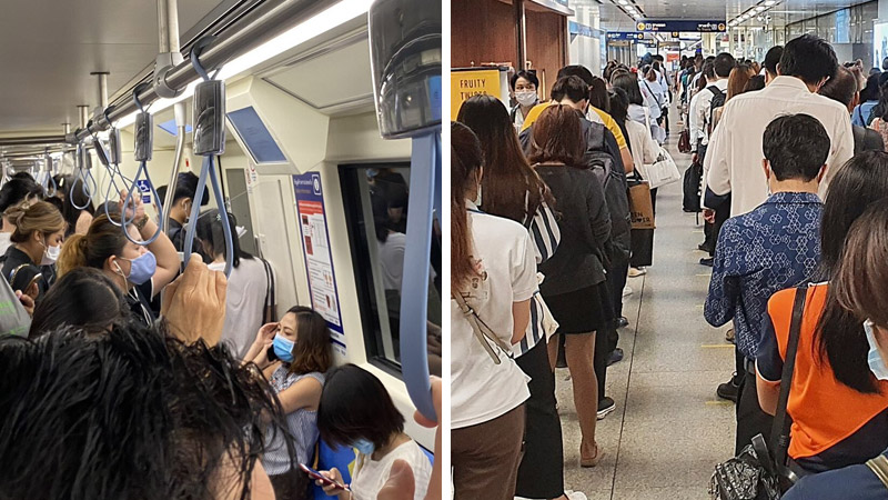 At left, MRT commuters packed aboard a train Monday morning. At right, long but orderly lines at MRT Thailand Cultural Center. Photos: Soft3n, Stampkiku / Twitter