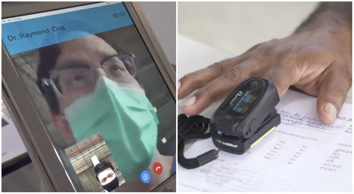 At left, a man consulting a doctor using the Tele-kiosk service, a worker using the pulse oximeter device on the right. Image: Josephine Teo/Facebook
