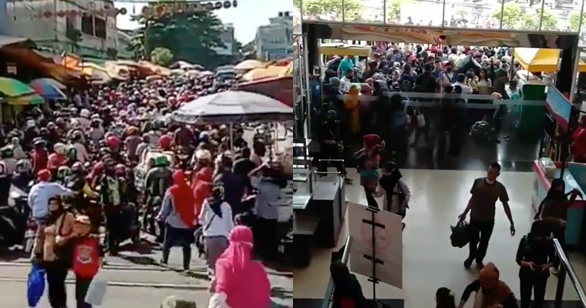 With Eid al-Fitr coming this Sunday, the Large-Scale Social Restrictions (PSBB) protocol currently in place in regions across the country seem powerless to stop Indonesians from shopping for new clothes and food to celebrate the end of Ramadan, as seen in the videos taken at Anyar Market in Bogor, West Java (L) and CBD Mall Ciledug in in Tangerang City (R) over the weekend. Screenshots from Twitter/@hendi_setiadi and Instagram/@ciledug24jam