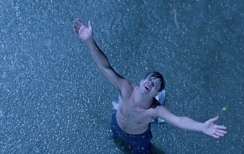 Andy Dufresne rejoices under some prison break rain in ‘The Shawshank Redemption.’  Image: Columbia Pictures
