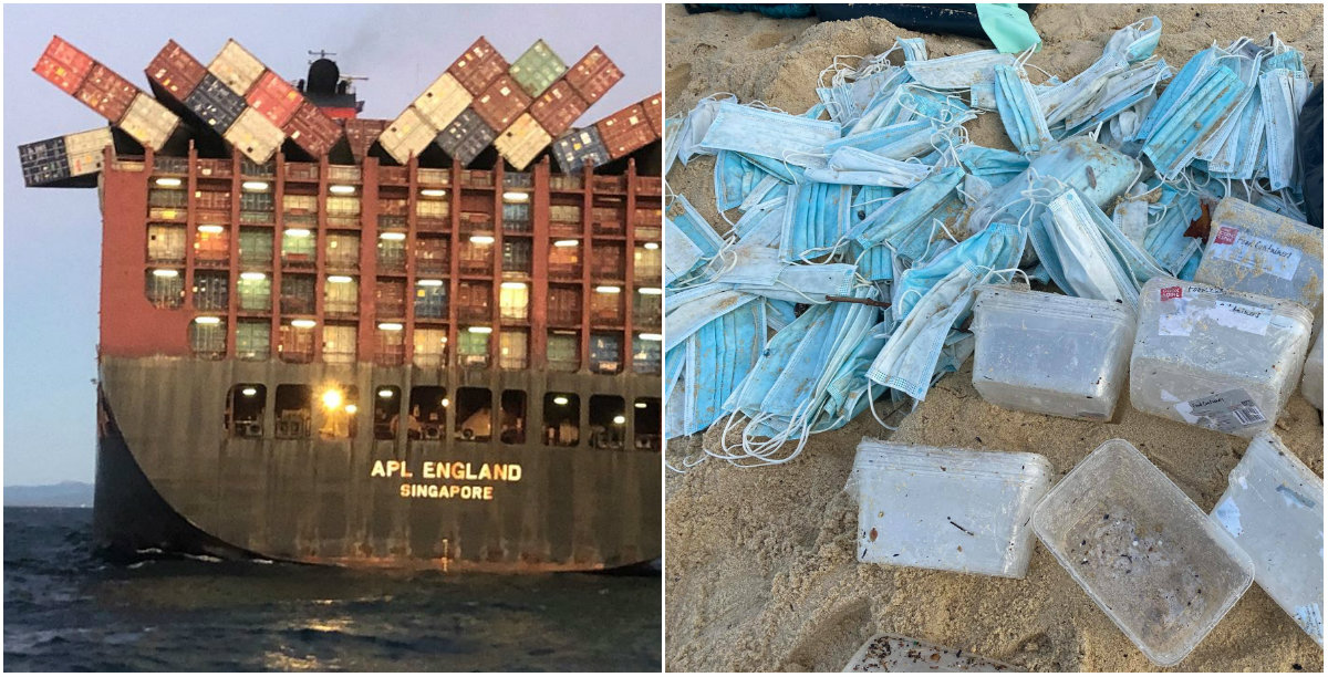At left, the containers teeter from the Singaporean container ship. Washed-up surgical masks and food containers at right. Images: AMSA/Facebook, Aliy Potts/Facebook

