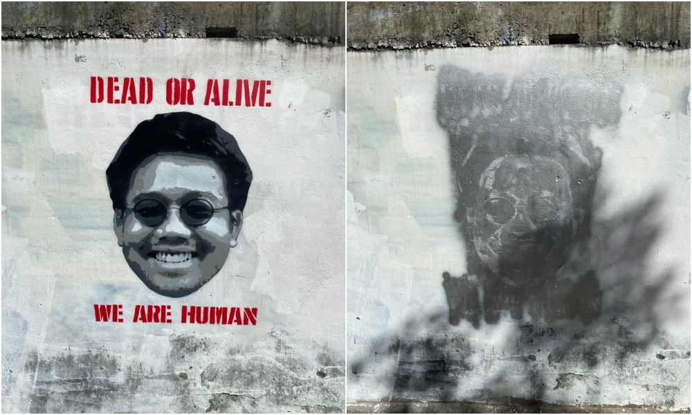 Headache Stencil’s mural calling justice for disappeared Wanchalerm Satsaksit before and after it’s whitewashed. Photo: Headache Stencil / Facebook