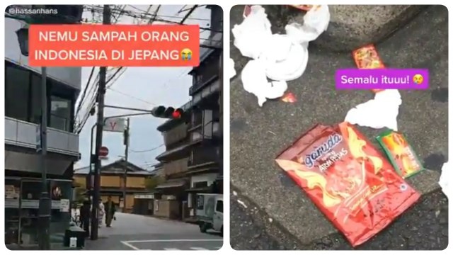 Litter consisting of an Indonesian snack wrapper and hot sauce packets on a Kyoto street. Photo: Video screengrab