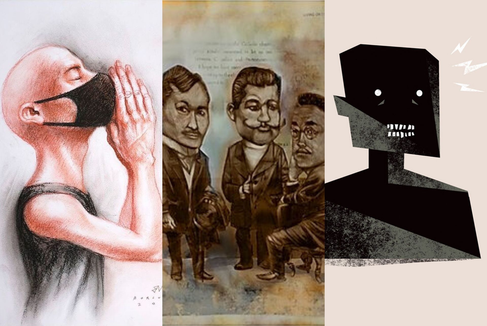 From left to right, prints by artists Elmer Borlongan, Fabo, Frantz Salvador. <i></noscript>Photo: Shelter Fund </i>