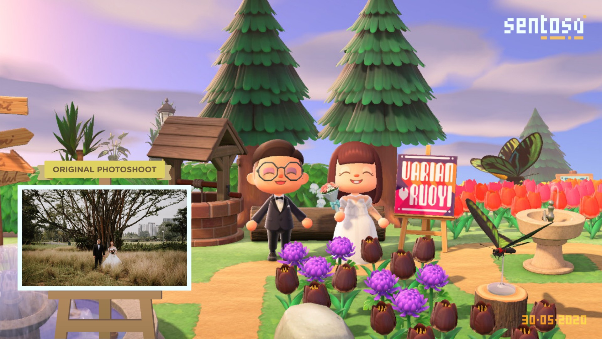The couple recreate their wedding photoshoot in Animal Crossing’s Butterfly Park & Insect Kingdom. Image: SentosaSG