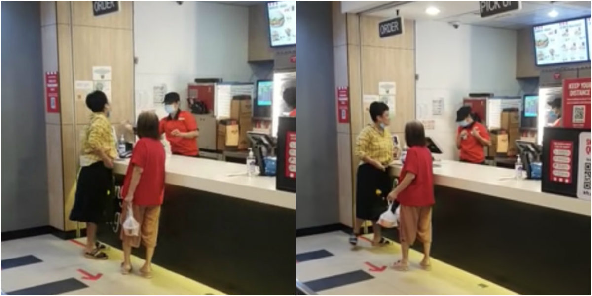 A woman identified by police as Lin Si Ting is accused of spitting at a KFC employee in still images from a video of their April encounter. Images: Randy Sia/Facebook
