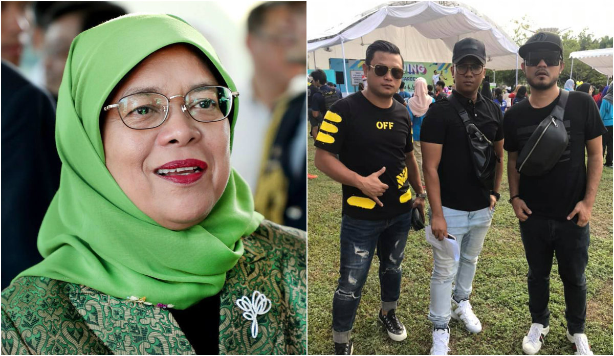 At left, President Halimah Yacob in a 2018 photo, the podcast hosts at right. Images: Halimah Yacob/Facebook, Okletsgo/Facebook
