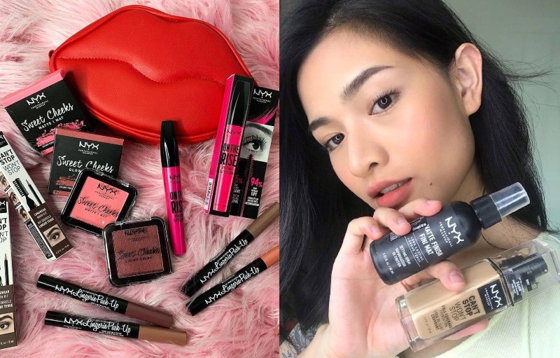 Nyx makeup products (left) and a model holding Nyx setting spray & foundation (right). Photos: Nyx Professional Makeup /Instagram