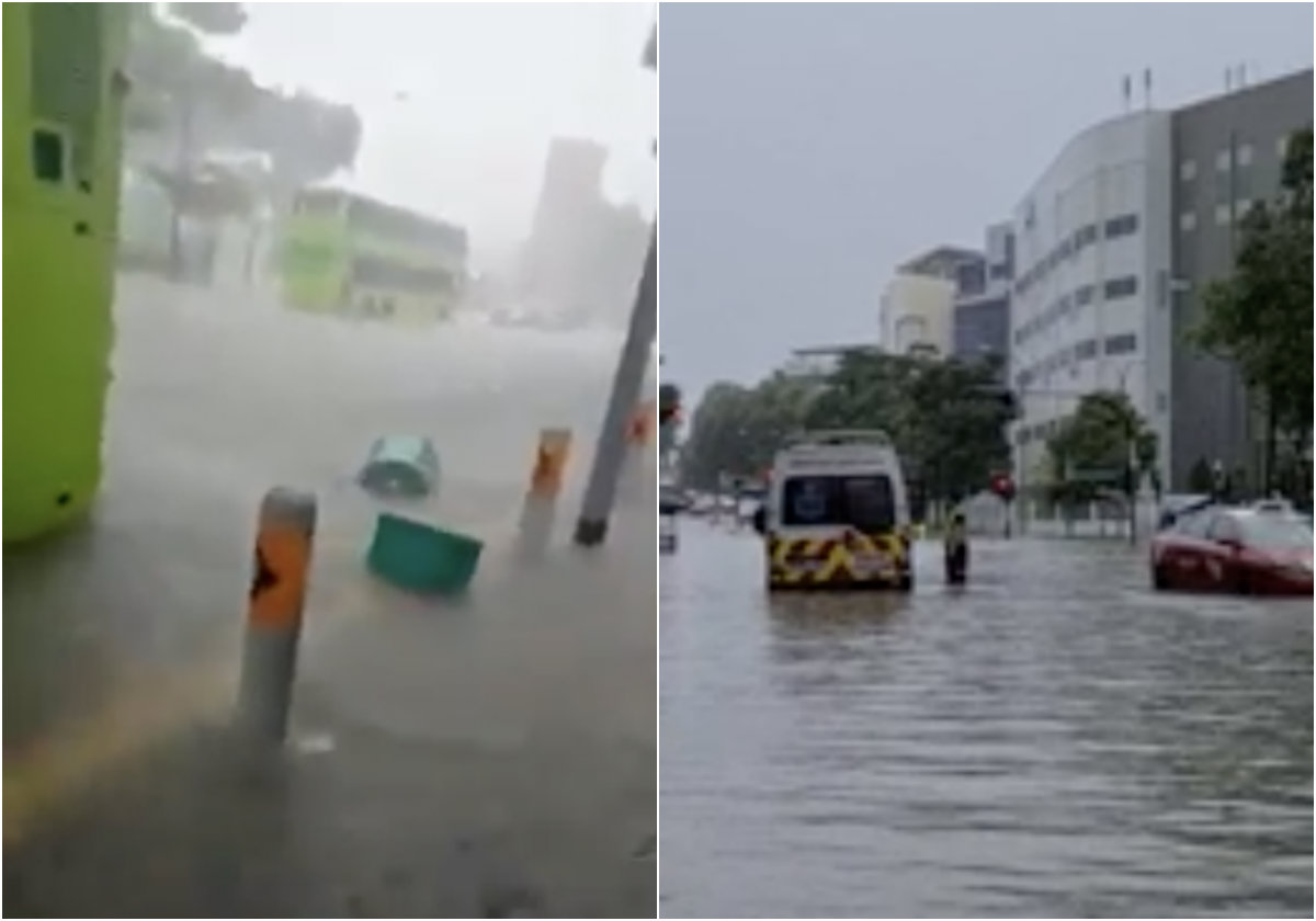 At left, trash bins afloat, with an ambulance and taxi stuck at right. Photos: Singapore roads accident.com/Facebook, Penguioni/Reddit

