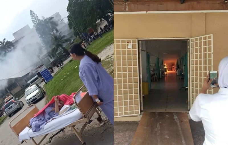 Sultanah Aminah Hospital patients evacuated from the fire (left) and a woman records the fire on her phone (right). Photos: Ali Jazimie & Mohd Redzuan /Twitter
