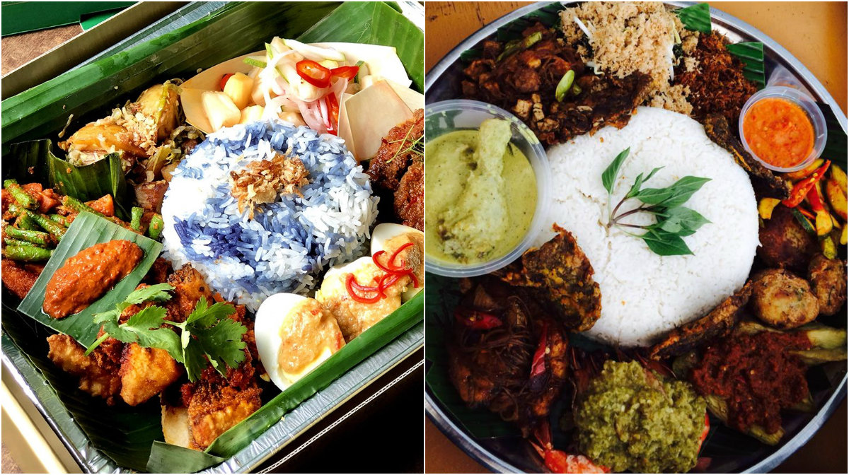 At left, Tray A of the “Nyonya Nasi Ambeng Trays”. A Nasi Ambeng dish by a Muslim catering company in Singapore. Photos: Violet Oon Singapore, Shereen’s Kitchen/Facebook
