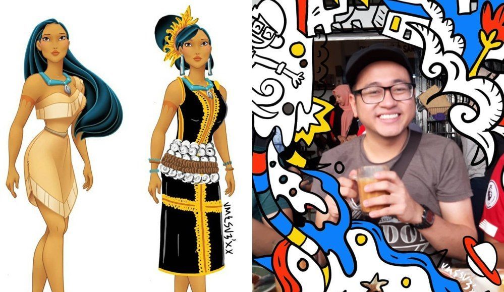 Left: Pocahontas reimagined in traditional Kadazan attire. Right: The artist. Photo: Amir Sabri / Instagram