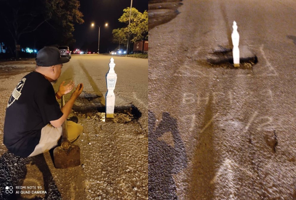 Left: A man placing the tombstone on the pothole. Right: The tombstone on a pothole from a distance. Photo: Brotherhood Shah Alam /Facebook
