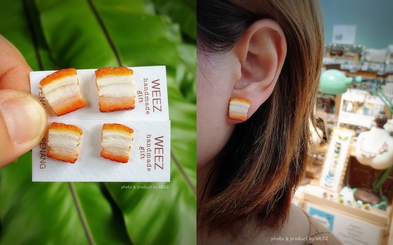 Person holding the roasted pork earrings (left) and wearing the earrings (right). Photo: Weez Concept /Facebook