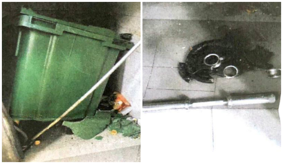 A damaged rubbish bin, at left, and the shattered dumbbell that hurtled down into it. Images: Spottiswoode Residences