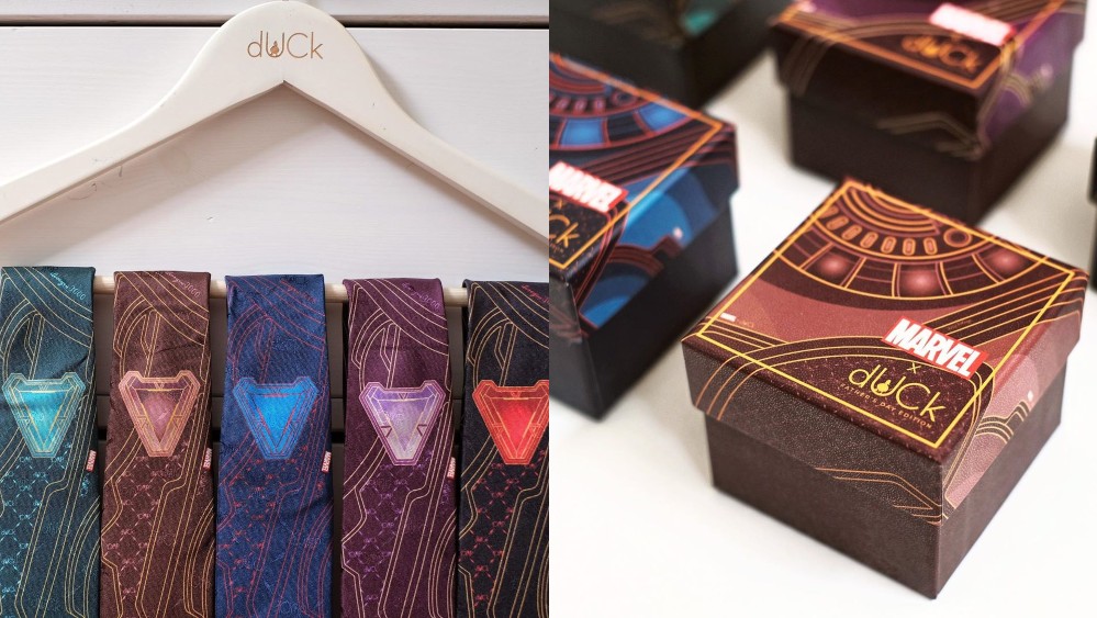 dUCk x Marvel ties in question (left) and the packaging (right). Photo: dUCk Scarves /Instagram