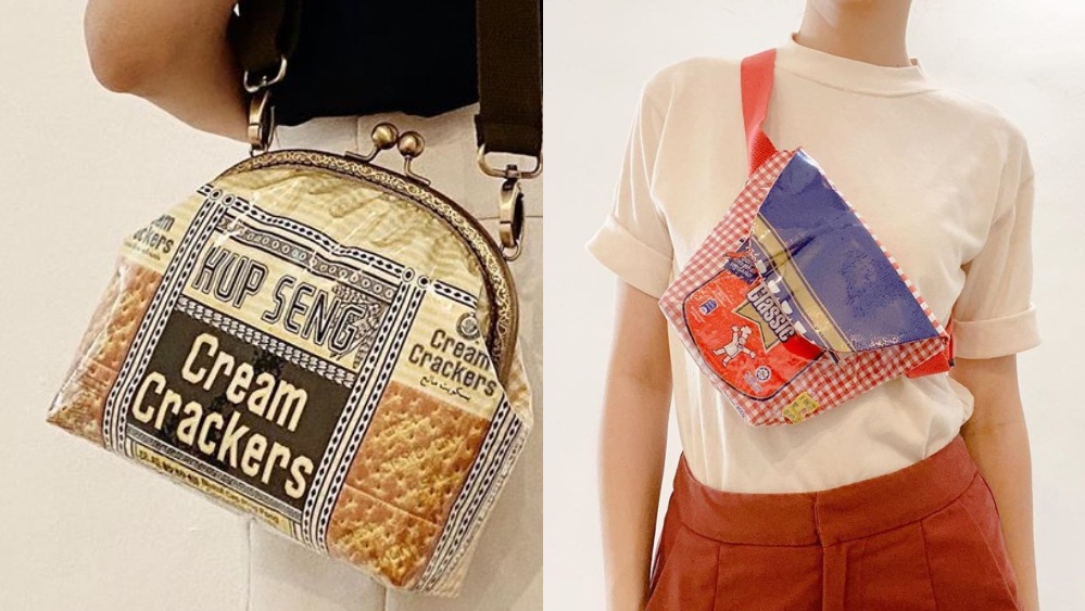 A fashion designer from Batu Pahat, Johor Bahru recently shared online photos of her handbags made from recycled packaging once used to wrap iconic Malaysian snacks, namely Hup Seng crackers and Gardenia bread.
