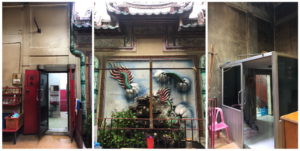 The caretaker’s family lives in rooms behind and beside the shrine’s dragon waterfall mural. Photo: Coconuts