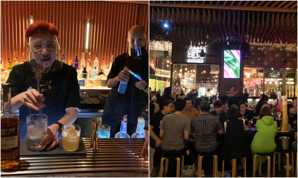 Bartenders wear face shields while making drinks at Find the Photo Booth on Soi Sukhumvit 11, at left. Tables were crowded with patrons drinking from beer towers at Hiyaku in CentralWorld’s Groove complex.
