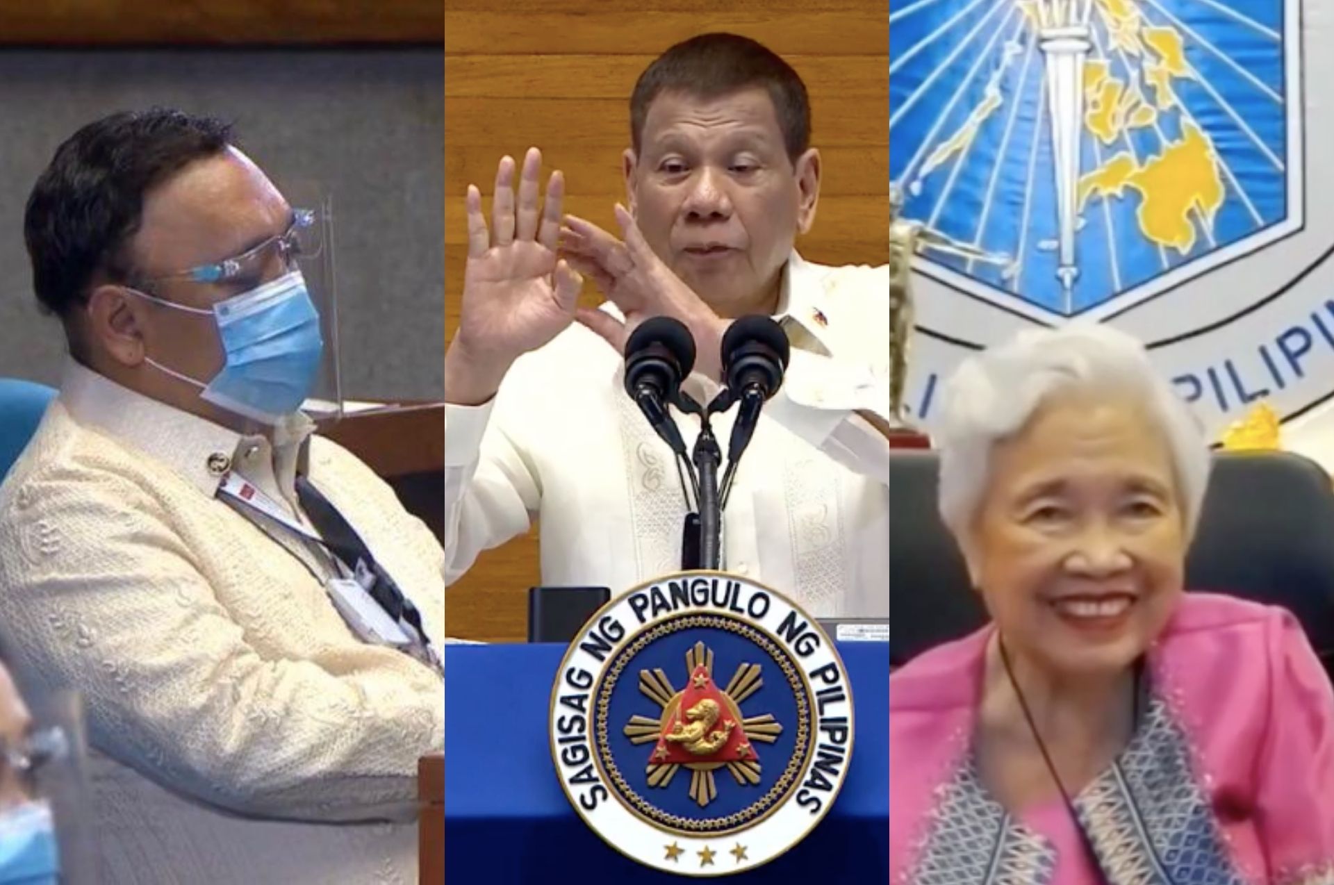 From left: Spokesman Harry Roque getting some shuteye, PRRD threatening lawbreakers (again), Education Secretary Leonor Briones grinning after Duterte takes back approval of face-to-face classes. <i></noscript>Photo: Screengrab from RTVM </i>