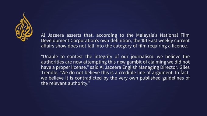 Statement by Al Jazeera regarding licensing in Malaysia. Photo: Al Jazeera PR /Twitter