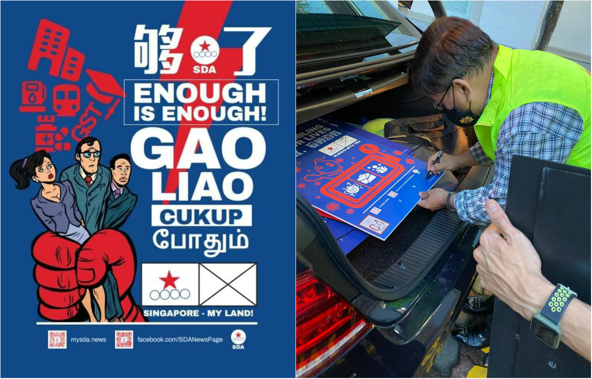 At left, one of their posters for sale. Chairman Desmond Lim signing on them, at right. Images: Lim Bak Chuan Desmond/Facebook
