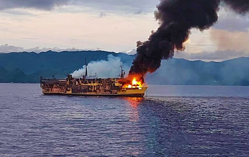 MV Filipinas-Dinagat as it was engulfed in fire. Photo: Philippine Coast Guard/FB