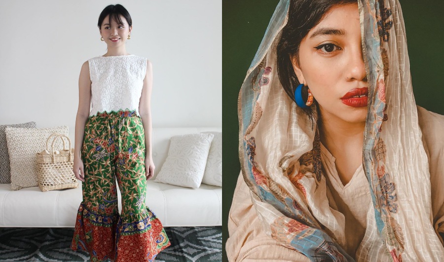 A woman wearing batik pants (left) and another woman wearing batik earrings (right). Photos: Kanoe and Oh Dayang /Instagram