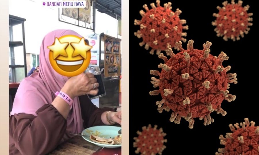 Woman with face covered with emoji wears COVID-19 quarantine wristband (left), an illustration of a virus cell (right). Photos: Jemilah Mahmood /Twitter, CDC
