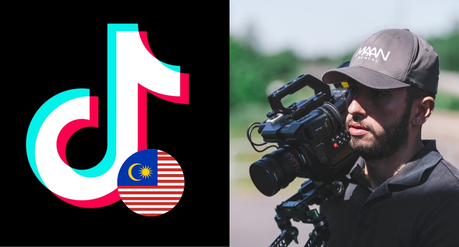 Tik Tok Malaysia logo (left) and a man carrying a video camera (right). Photos: Tik Tok Malaysia and Alireza Baidee
