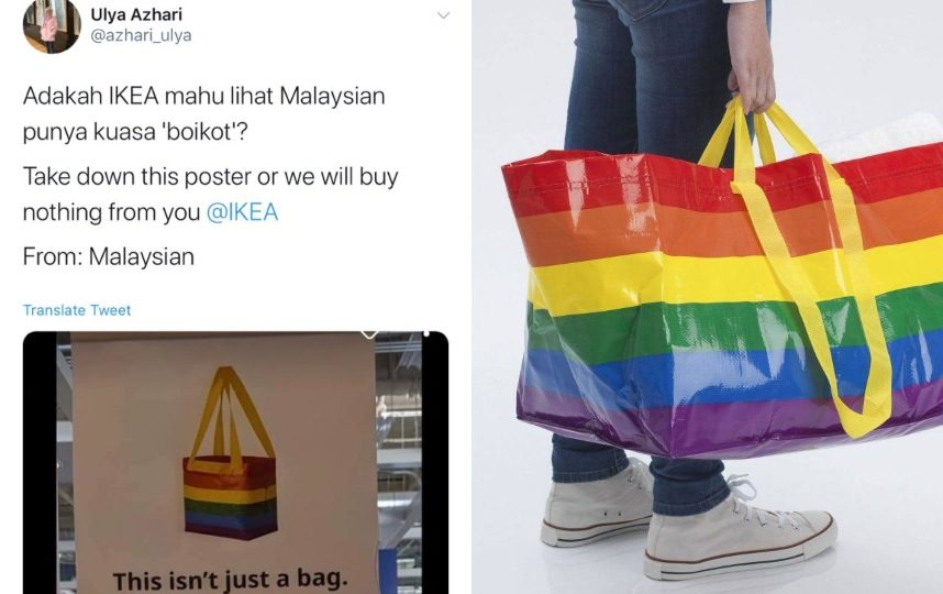 The tweet calling Malaysians to “boycott” IKEA (left) and IKEA’s carrier bag in pride colors (right). Photos: Ulya Azhari /Twitter and Pradodesign /Facebook