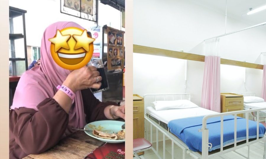 Viral photo of woman at Hanaz Cafe (left) file photo of hospital bed. Photos: Jemilah Mahmood /Twitter and Adhy Savala
