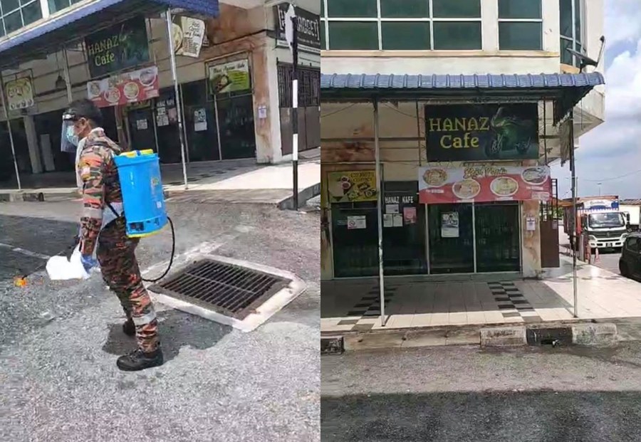 A fireman in disinfectant gear outside the cafe (left). A closed Hanaz Cafe in Ipoh (right). Photo: Viral Perak