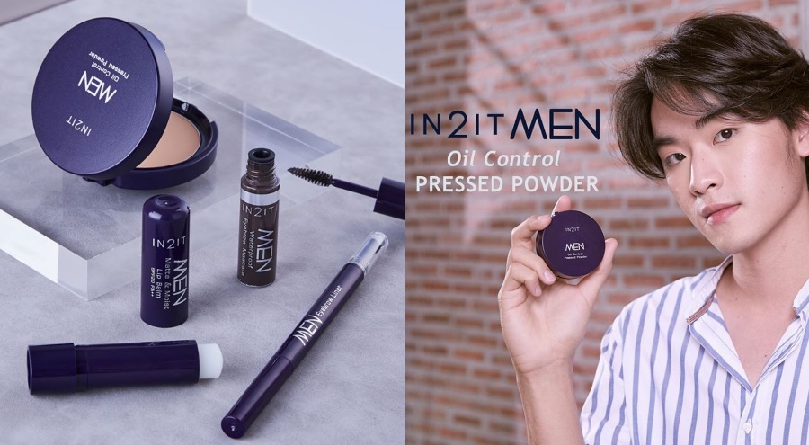 The In2It Men makeup collection, at left, and a man showing off his pressed powder, at right. Photos: In2It Malaysia/Facebook